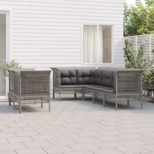 Conjunto Lounge de Jardim c/ Almofadões Vime PE Cinzento (7 pcs)
