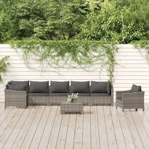 Conjunto Lounge de Jardim c/ Almofadões Vime PE Cinzento (8 pcs)