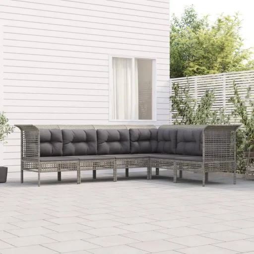 Conjunto Lounge de Jardim c/ Almofadões Vime PE Cinzento (6 pcs)
