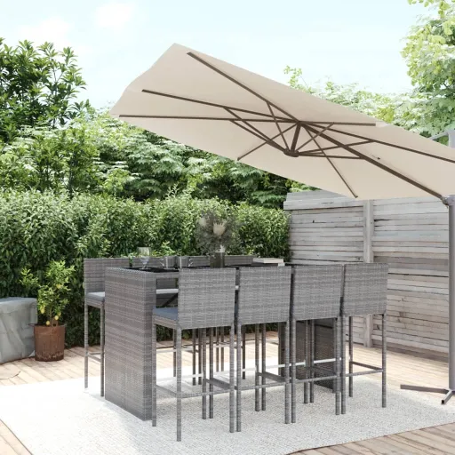 Conjunto de Bar p/ Jardim c/ Almofadões Vime PE Cinzento (9 pcs)