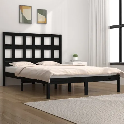 Estrutura de Cama 140x190 cm Madeira de Pinho Maciça Preto