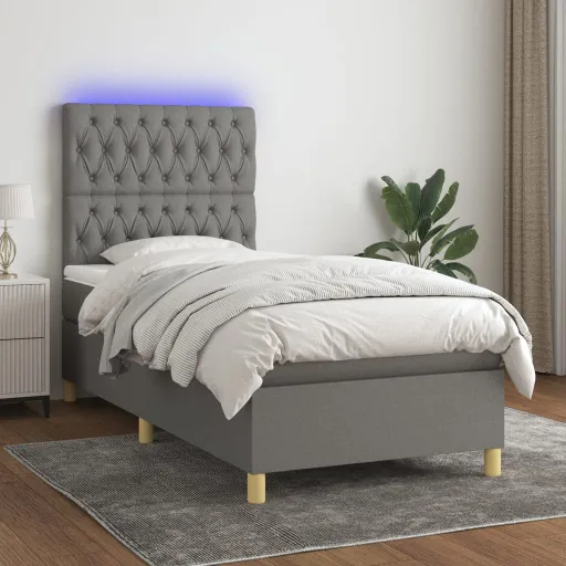 Cama Box Spring c/ Colchão e LED 90x200 cm Tecido Cinza-Escuro