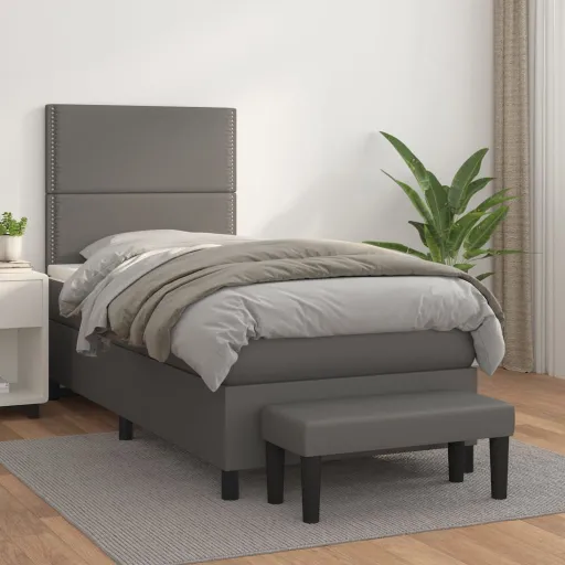Cama com Molas/Colchão 100x200 cm Couro Artificial Cinzento