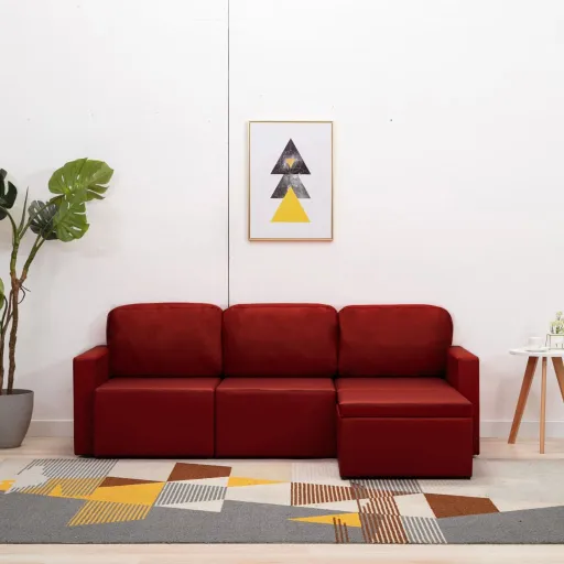 Sofá-Cama Modular de 3 Lugares Couro Artificial Vermelho Tinto