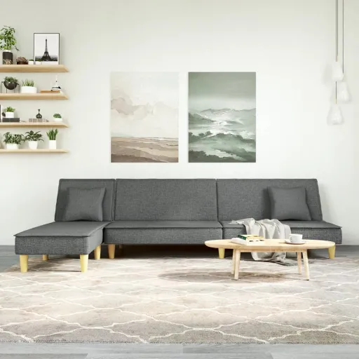 Sofá-Cama em Forma de L 255x140x70 cm Tecido Cinzento-Escuro