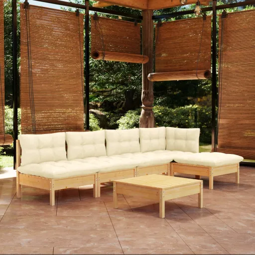 Conjunto Lounge Jardim c/ Almofadões Cor Creme Pinho (6 pcs)