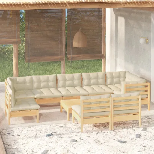 Conjunto Lounge Jardim c/ Almofadões Creme Pinho Maciço (10 pcs)