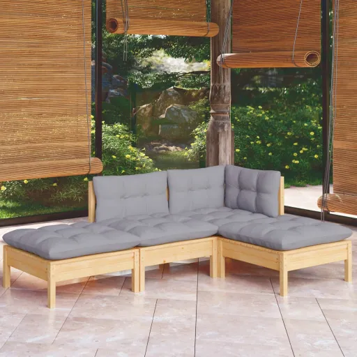 Conjunto Lounge de Jardim + Almofadões Cinza Pinho Maciço (4 pcs)