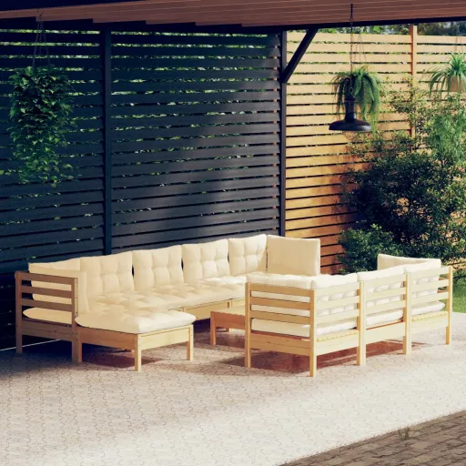 Conjunto Lounge Jardim c/ Almofadões Creme Pinho Maciço (11 pcs)