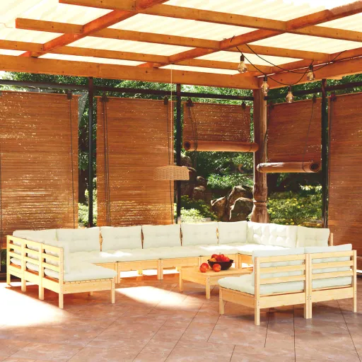 Conjunto Lounge Jardim c/ Almofadões Creme Pinho Maciço (13 pcs)