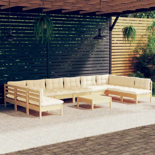 Conjunto Lounge Jardim c/ Almofadões Creme Pinho Maciço (11 pcs)
