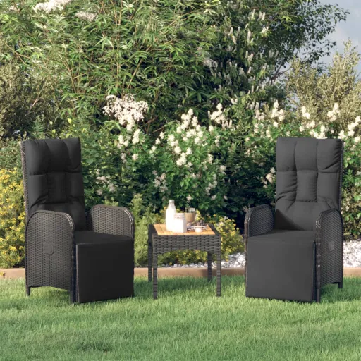 Poltronas de Jardim Reclináveis   com Mesa Vime PE Preto (2 pcs)