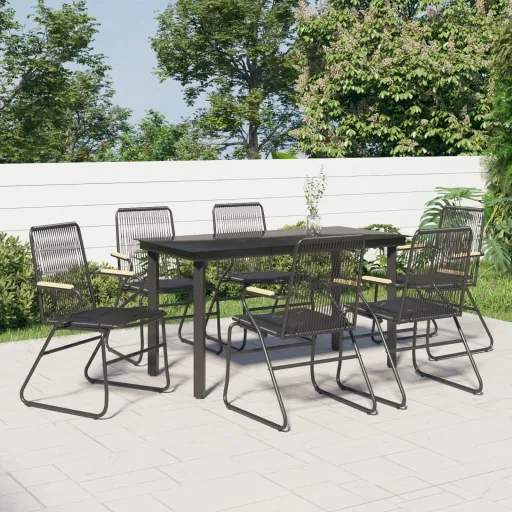 Conjunto de Jantar para Jardim Vime de PVC Preto (7 pcs)