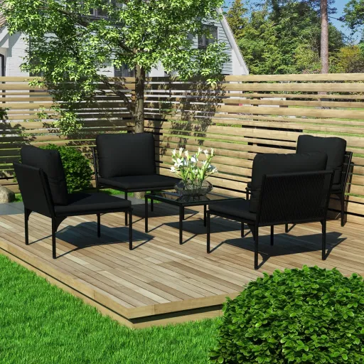 Conjunto Lounge de Jardim c/ Almofadões PVC Preto (5 pcs)