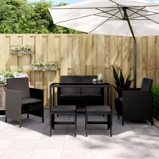 Conjunto de Jantar p/ Jardim c/ Almofadões Vime PE Preto (6 pcs)