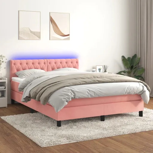 Cama Box Spring c/ Colchão/LED 140x190 cm Veludo Rosa