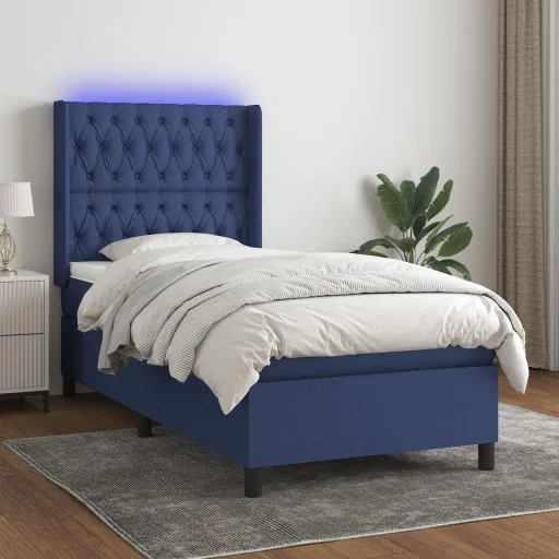 Cama Box Spring c/ Colchão e LED 90x200 cm Tecido Azul