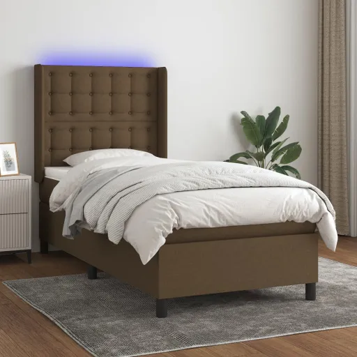 Cama Box Spring c/ Colchão/LED 80x200cm Tecido Castanho-Escuro