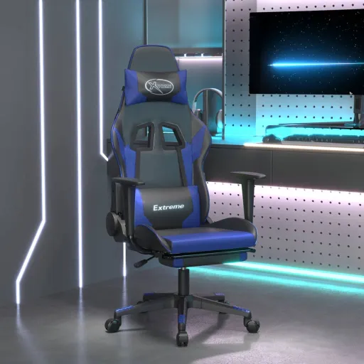 Cadeira Gaming c/ Apoio para Pés Couro Artificial Preto e Azul