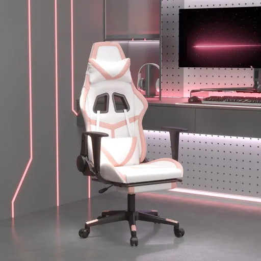 Cadeira Gaming com Apoio p/ Pés Couro Artificial Branco e Rosa