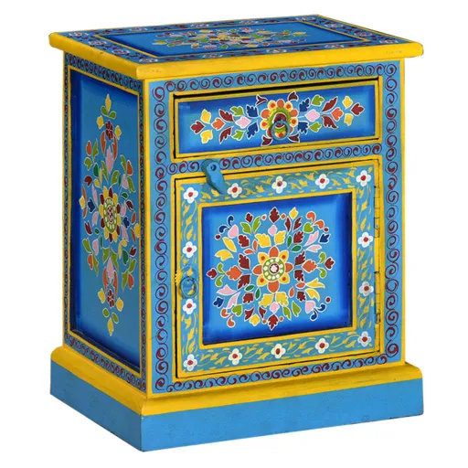 Mesa Cabeceira Madeira Mangueira Maciça Turquesa Pintada à Mão