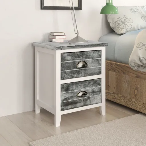 Mesa-de-Cabeceira 38x28x45 cm Madeira Paulownia Cinzento/Branco