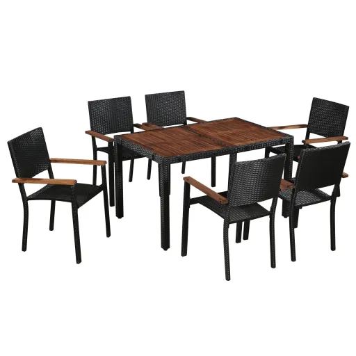 Conjunto Jantar Exterior Vime PE e Madeira Acácia Preto (7 pcs)