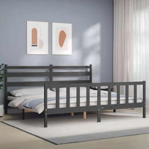 Estrutura de Cama com Cabeceira 200x200 cm Madeira Maciça Cinza