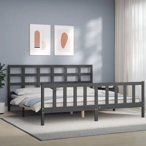 Estrutura de Cama com Cabeceira 200x200 cm Madeira Maciça Cinza