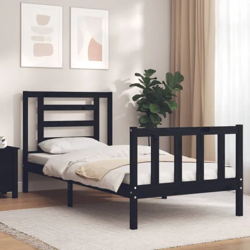 Estrutura Cama de Solteiro c/ Cabeceira Madeira Maciça Preto