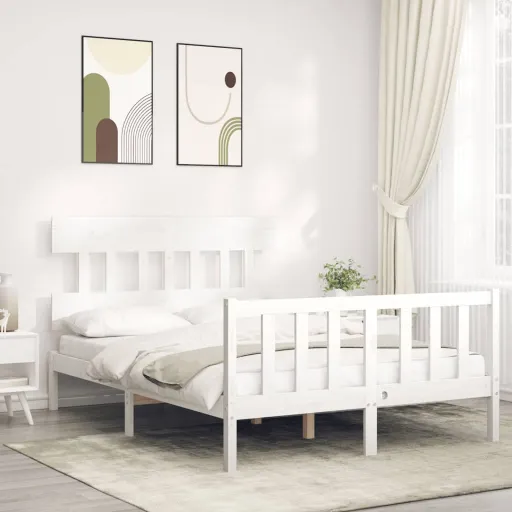 Estrutura de Cama de Casal c/ Cabeceira Madeira Maciça Branco