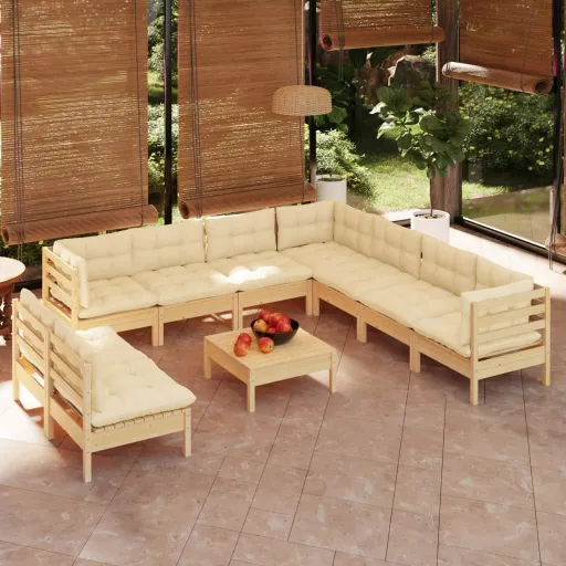 Conjunto Lounge Jardim c/ Almofadões Creme Pinho Maciço (10 pcs)