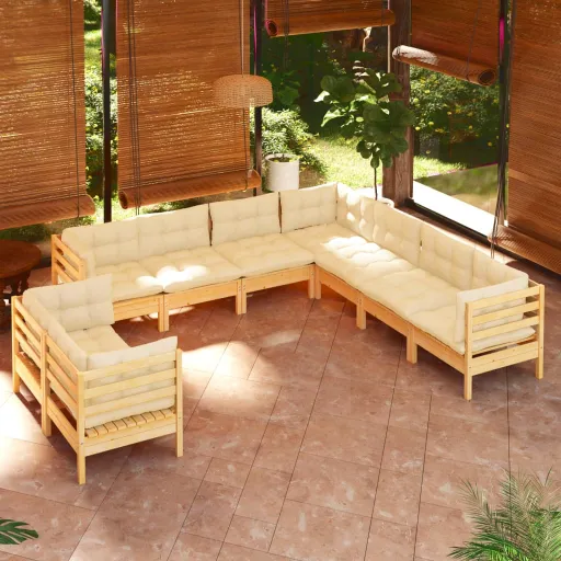 Conjunto Lounge Jardim c/ Almofadões Creme Pinho Maciço (9 pcs)