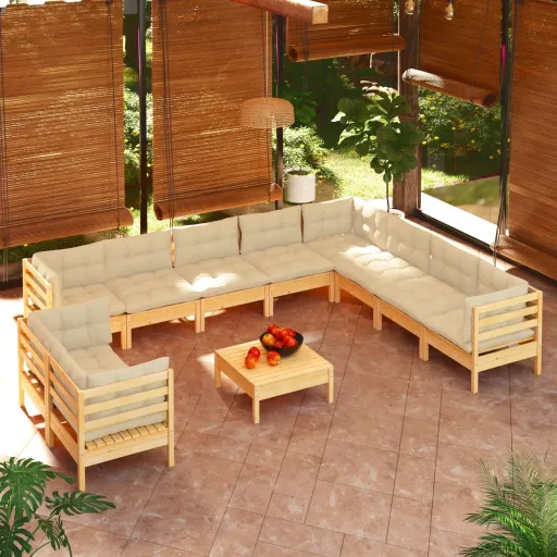 Conjunto Lounge Jardim c/ Almofadões Creme Pinho Maciço (11 pcs)