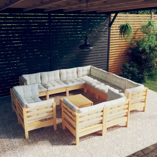Conjunto Lounge Jardim c/ Almofadões Creme Pinho Maciço (12 pcs)