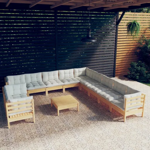 Conjunto Lounge Jardim c/ Almofadões Creme Pinho Maciço (12 pcs)