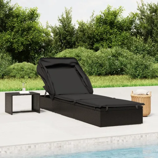 Espreguiçadeira c/ Teto Dobrável 213x63x97 cm Vime PE Preto