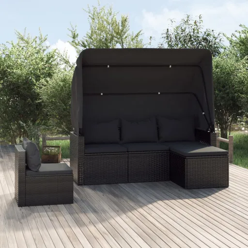 Conjunto de Sofás para Jardim c/ Almofadões Vime PE Preto (4 pcs)
