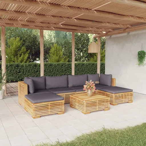 Conjunto Lounge Jardim c/ Almofadões Madeira Teca Maciça (7 pcs)