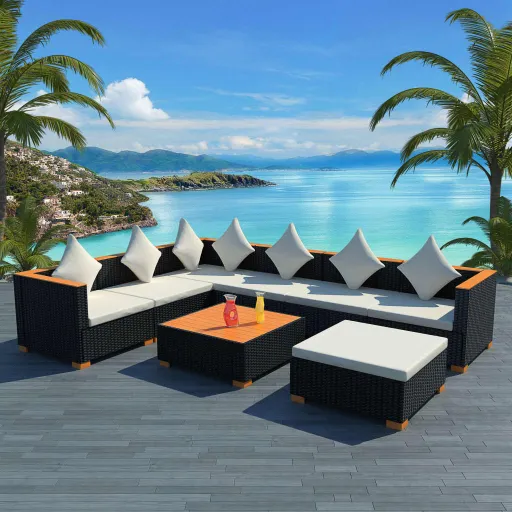 Conjunto Lounge de Jardim c/ Almofadões Vime PE Preto (8 pcs)
