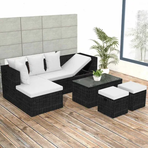 Conjunto Lounge de Jardim c/ Almofadões Vime PE Preto (4 pcs)
