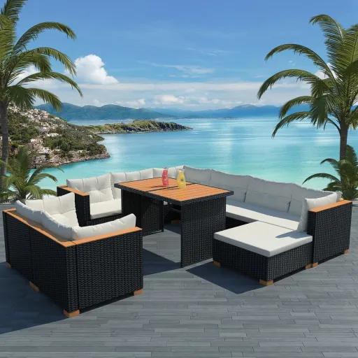 Conjunto Lounge de Jardim c/ Almofadões Vime PE Preto (10 pcs)