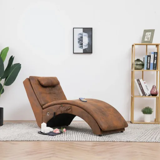 Chaise Longue Massagem c/ Almofada Camurça Artificial Castanho