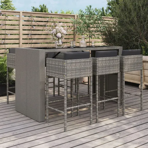 Conjunto de Bar p/ Jardim c/ Almofadões Vime PE Cinzento (7 pcs)