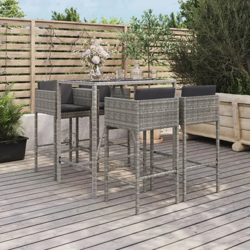 Conjunto de Bar p/ Jardim c/ Almofadões Vime PE Cinzento (5 pcs)