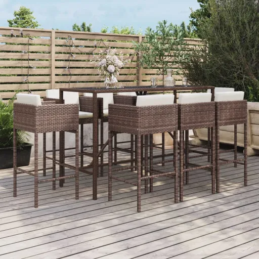 Conjunto de Bar p/ Jardim c/ Almofadões Vime PE Castanho (9 pcs)