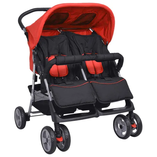 Carrinho de Bebé para Gémeos, Aço Vermelho e Preto