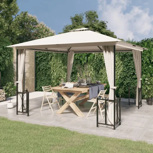 Gazebo com Paredes Laterais e Telhado Duplo 3x3 m Cor Creme