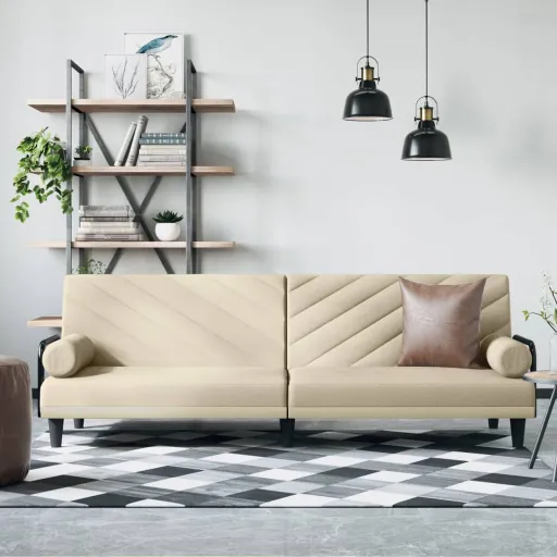 Sofá-Cama com Apoio de Braços Tecido Cor Creme