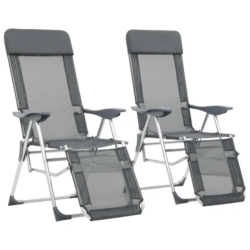 Cadeiras Campismo Dobráveis c/ Apoio Pés   Textilene Cinza (2 pcs)
